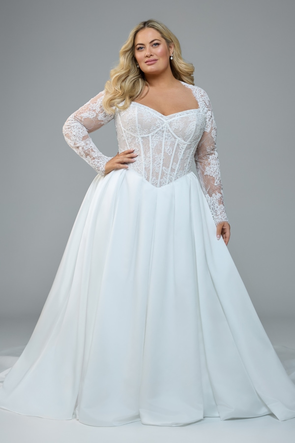 Wedding gown with lace sleeves, corset bodice and smooth skirt