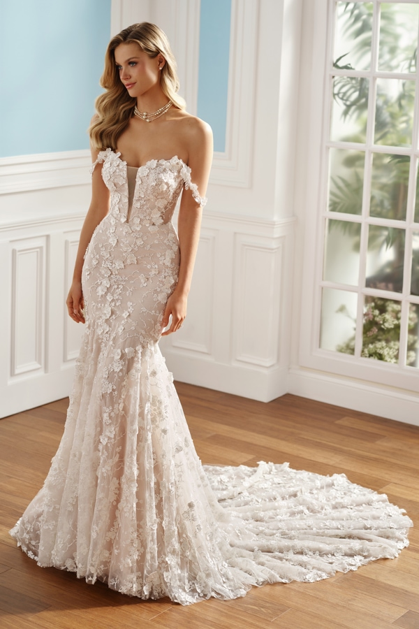 Fit-and-flare wedding gown with floral lace and off-the-shoulder straps