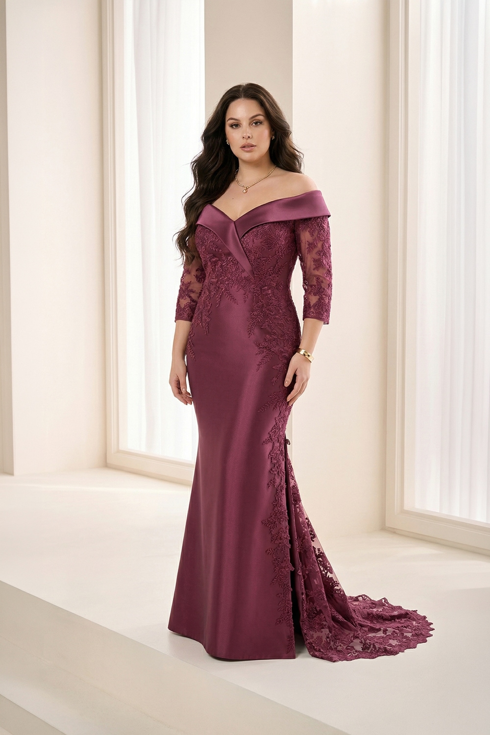 Raisin burgundy off-the-shoulder lace mother of the bride gown