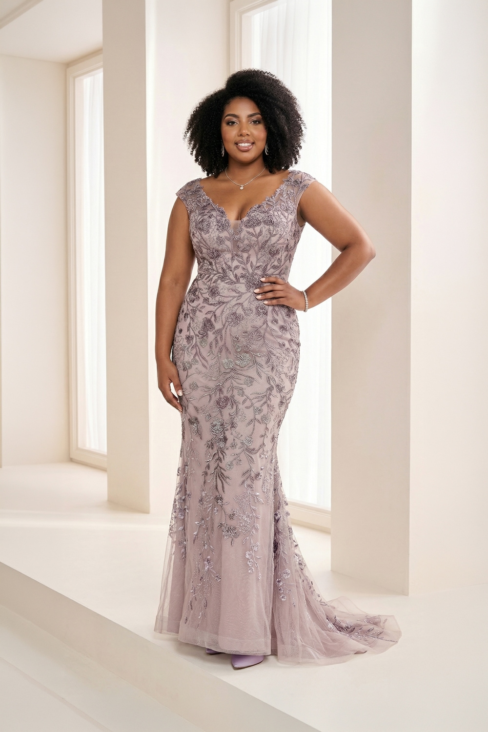 Heather mauve beaded lace mother of the bride gown