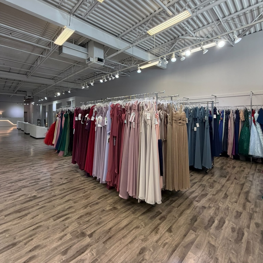 Bridesmaid and special occasion displays inside the Best for Bride Toronto/Mississauga store
