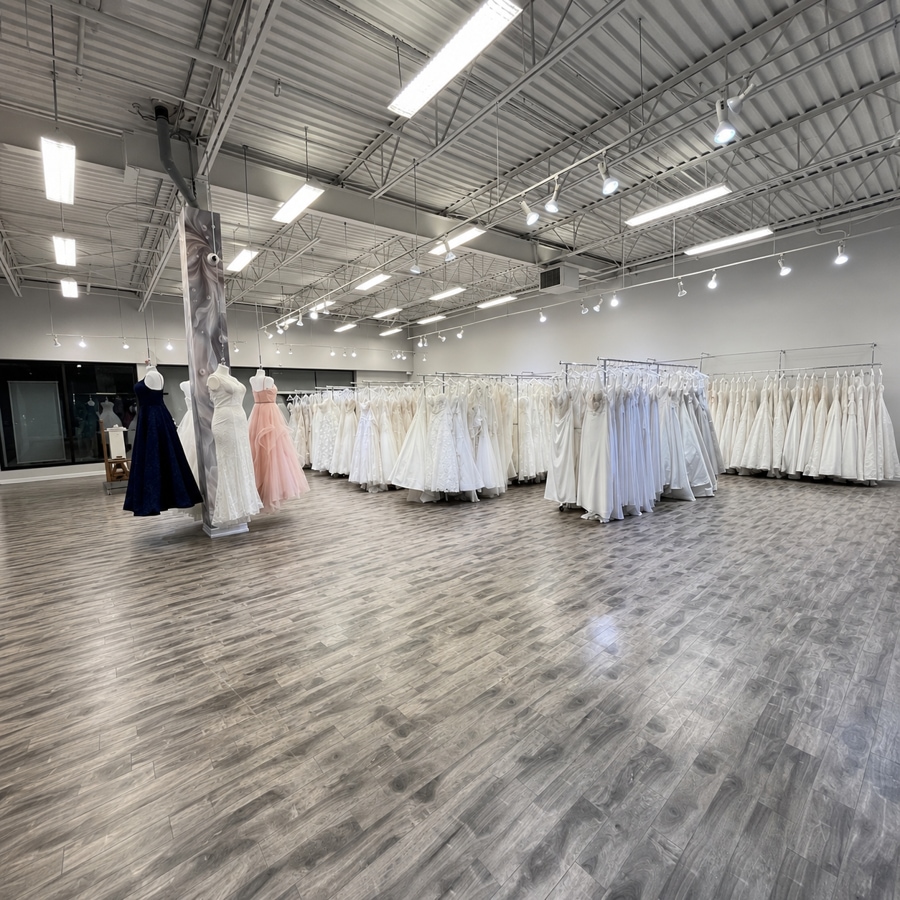 Wide view across the Best for Bride Toronto/Mississauga bridal showroom