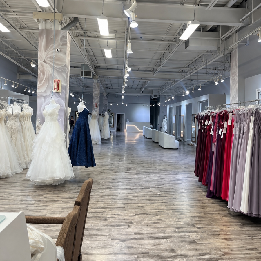 Long interior view through the Best for Bride Toronto/Mississauga store