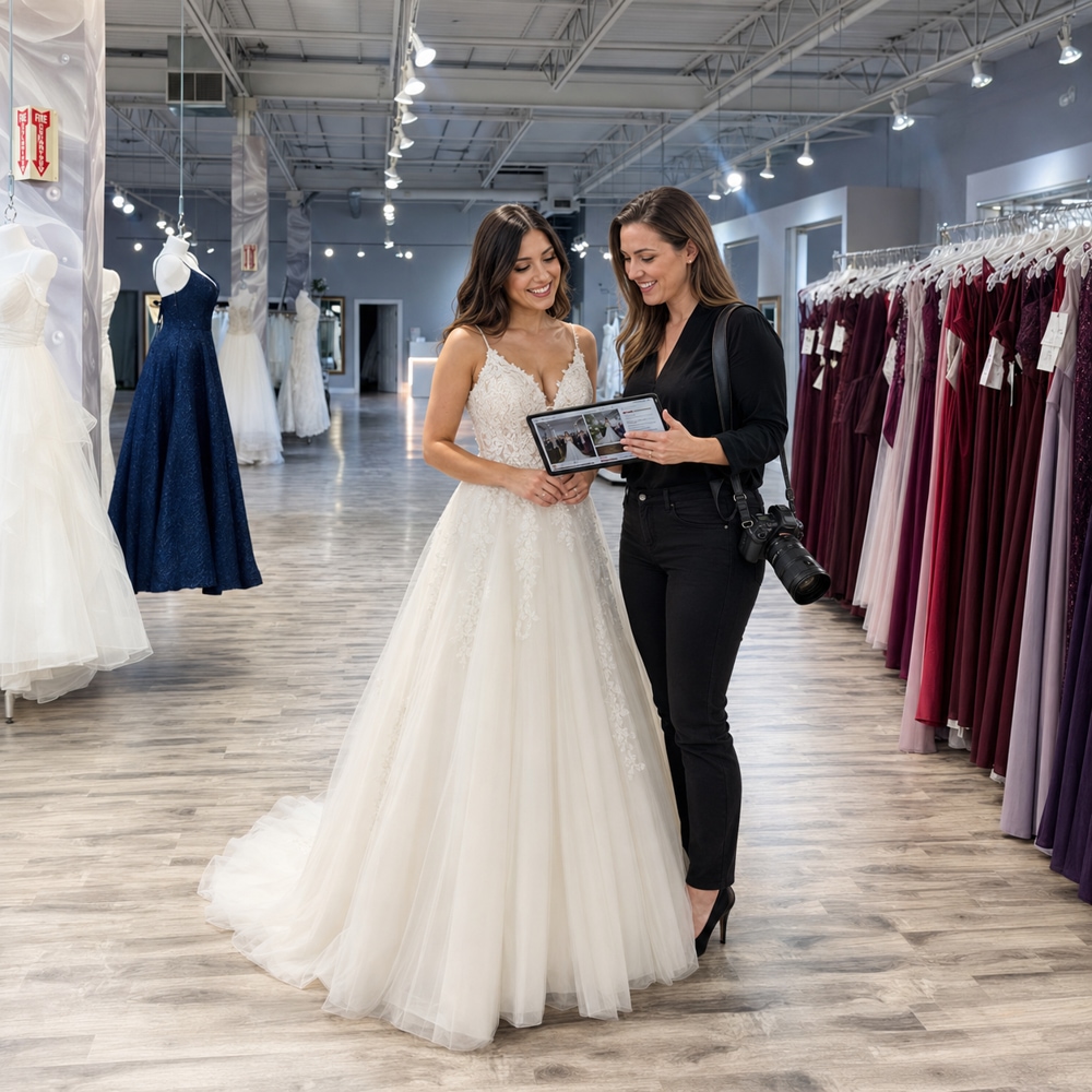 Female wedding photographer showing her portfolio to a bride inside a Toronto/Mississauga bridal store