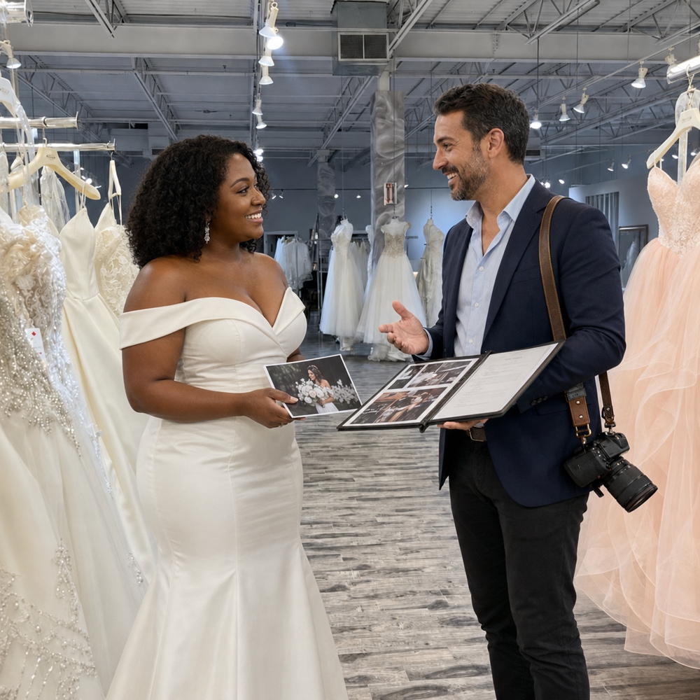 Male wedding photographer discussing a wedding album with a bride inside a Toronto/Mississauga bridal store