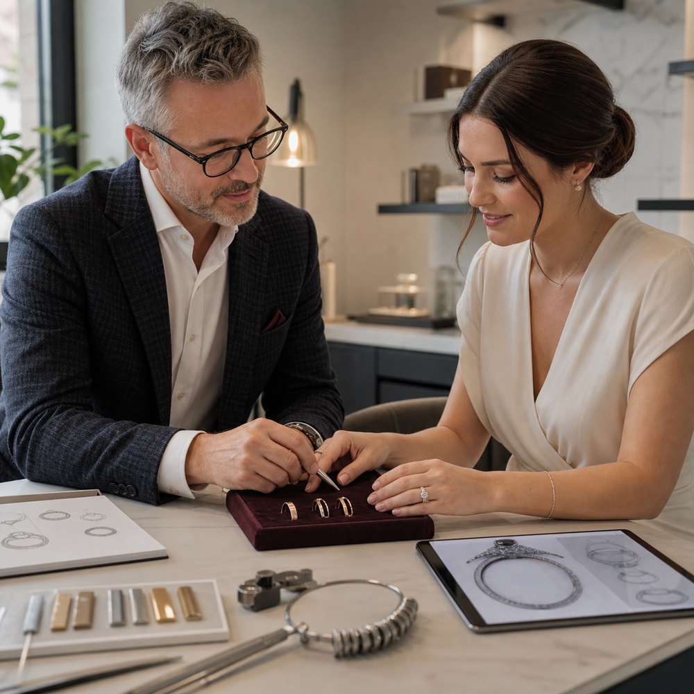 Fine jeweller helping a bride compare wedding band styles and finishes