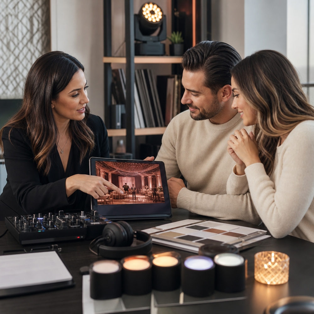 Wedding entertainment producer presenting DJ, lighting and reception ideas to an engaged couple