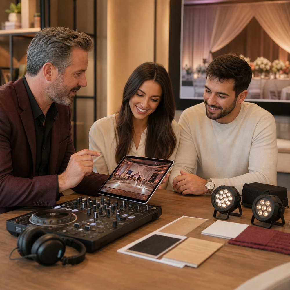 Wedding entertainment producer helping a couple plan music, lighting and reception production