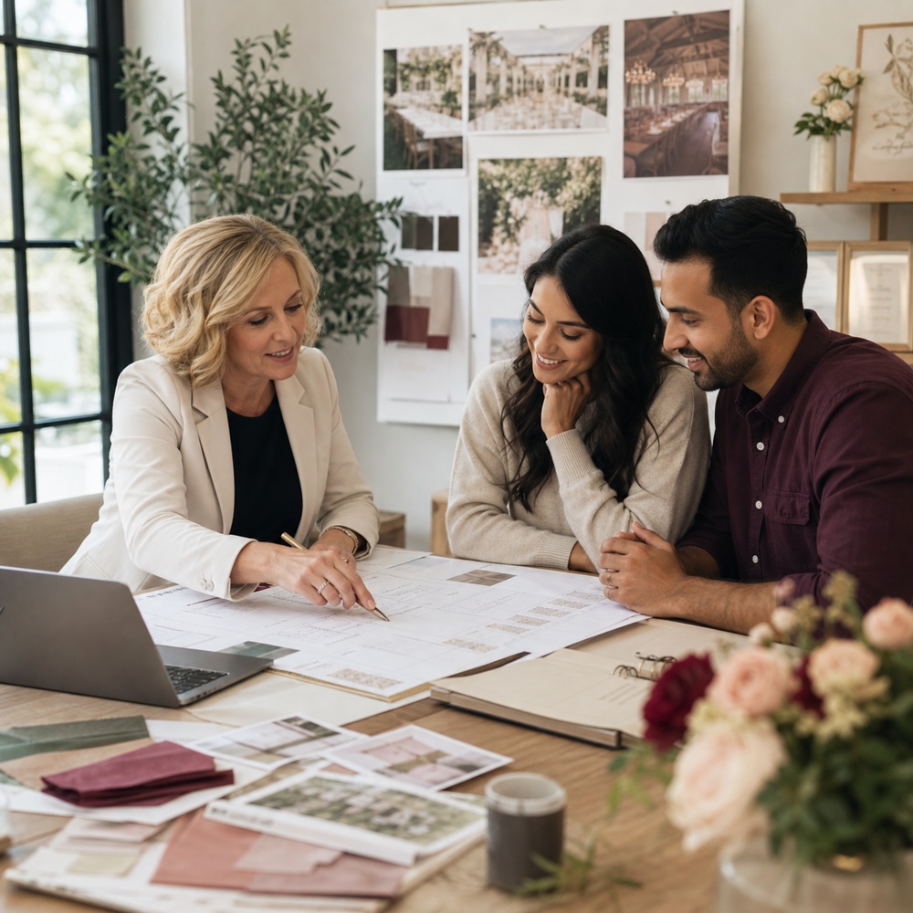 Established wedding planner guiding an engaged couple through their wedding plans