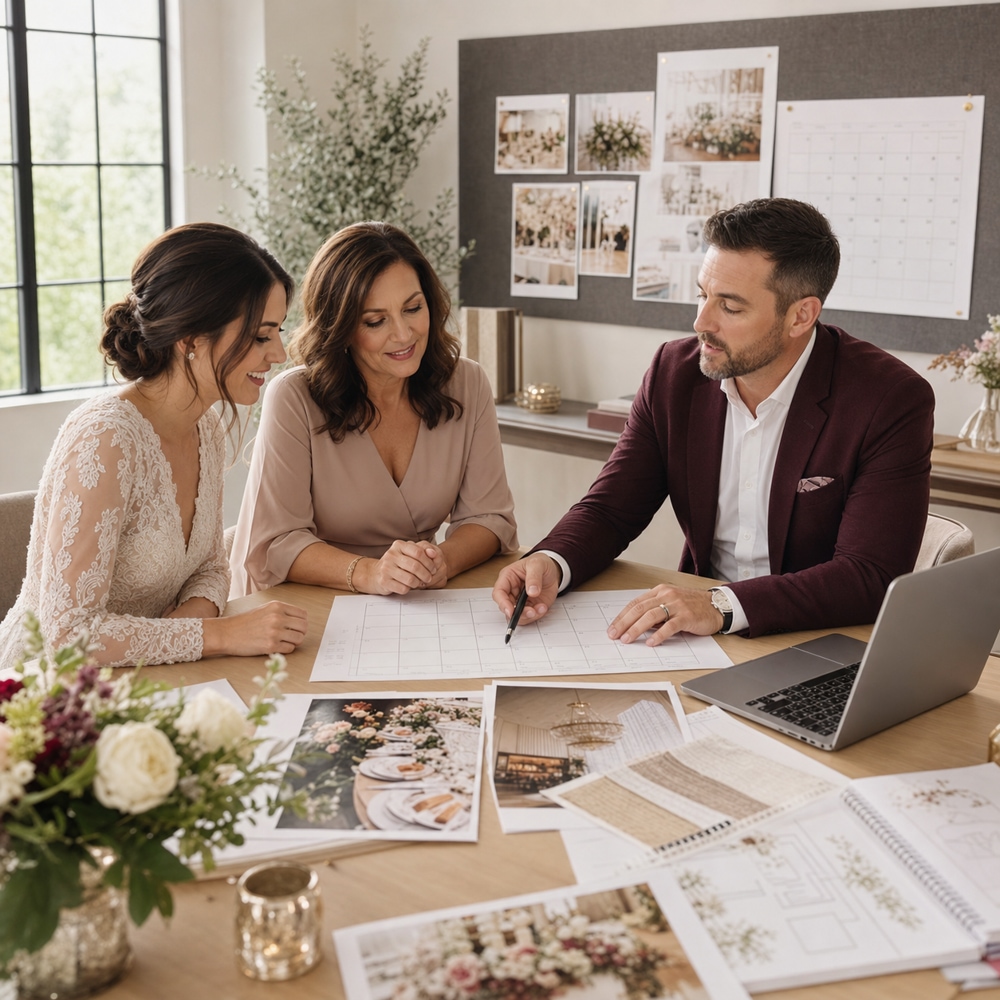 Wedding planner helping a bride and her mother organize a timeline and vendor checklist
