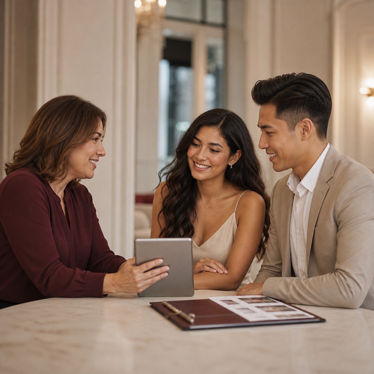 Established wedding vendor consulting an engaged couple in a professional bridal setting