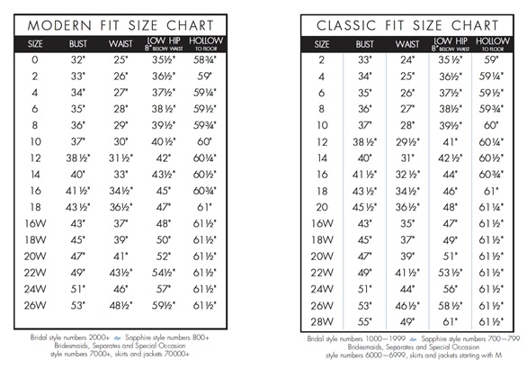 Miller Bridal Size Chart